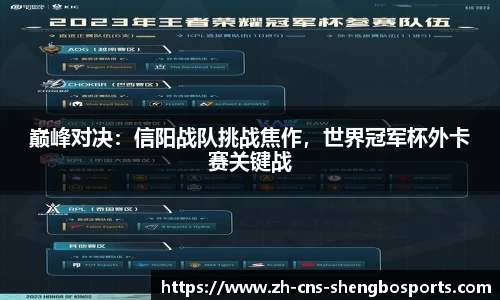 巅峰对决：信阳战队挑战焦作，世界冠军杯外卡赛关键战